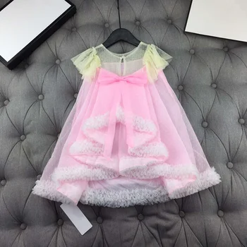 

European and American parent-child outfit 2020 spring and summer new styles Short sleeve gauze embroidery back bow Girl's dress