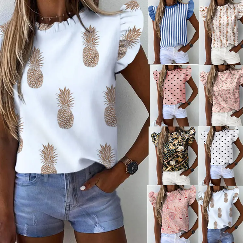 

Daisy Pineapple Print Ruffle Blouse Shirts Office Lady 2020 Summer Short Sleeve Slim Blouses Women Sexy O-neck Tops