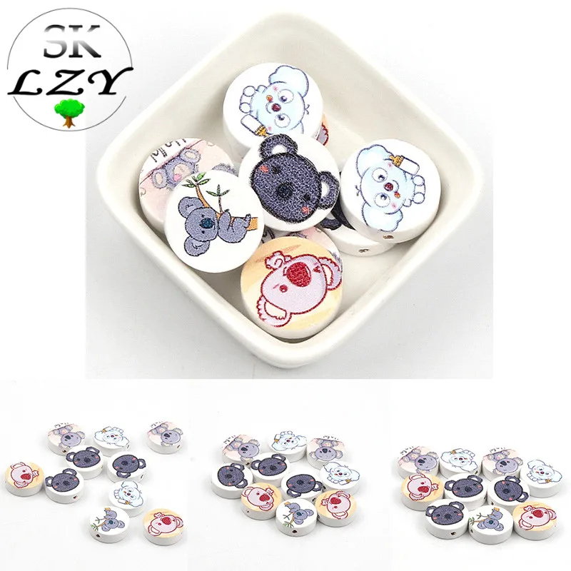 

20PCS Natural Koala Pattern Wooden Beads DIY Round Beads Making Baby Pacifier Chain Jewelry Accessories 20mm
