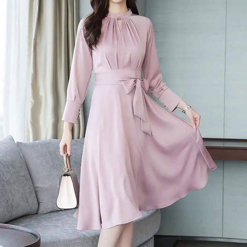 

2019 Autumn Solid High Waist Midi Dress Elegant Long Sleeve Lace Up Dress A-Line Female Hollow Out Party Dress Vestidos