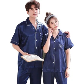 

Autumn Women Sleep Pajama Sets Polyester Rayon Summer Short Sleeve Couple Sleepwear Home Casual Nightwear Loose V Neck Cardigan