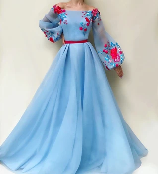 

Sky Blue Muslim Evening Dresses 2019 A-line Long Sleeves Tulle Embroidery Islamic Dubai Saudi Arabia Long Evening Gown Prom