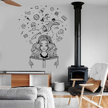 

Reading Books Wall Decal Girl Dream Fantasy Book Amazing Decor Vinyl Wall Stickers for library Reading Room Decor Mural C449