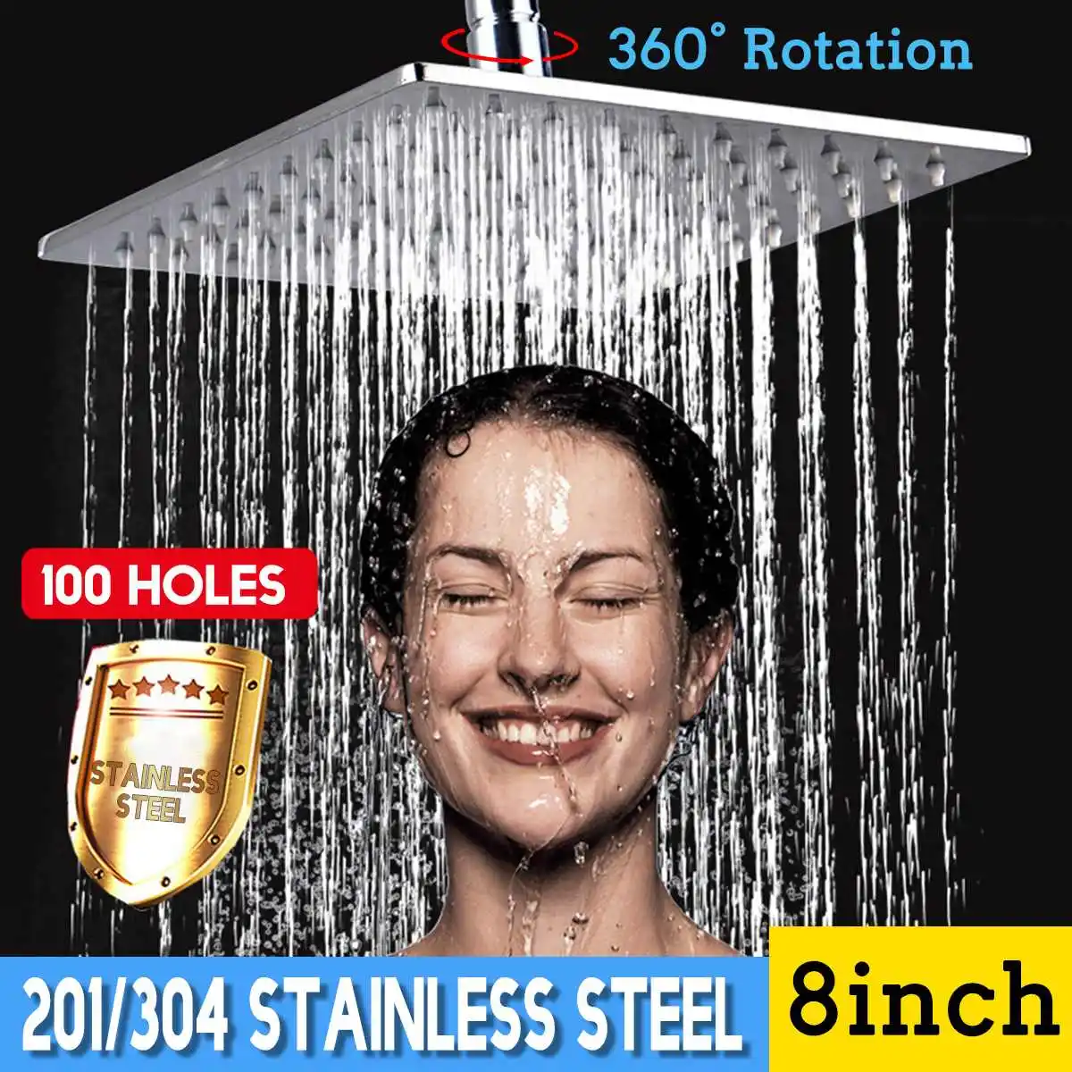 8 inch 304 Stainless Steel Shower Head 100 Holes Square Top Rainfall Head Shower Chromed Mirror Shower Faucet For Bathroom