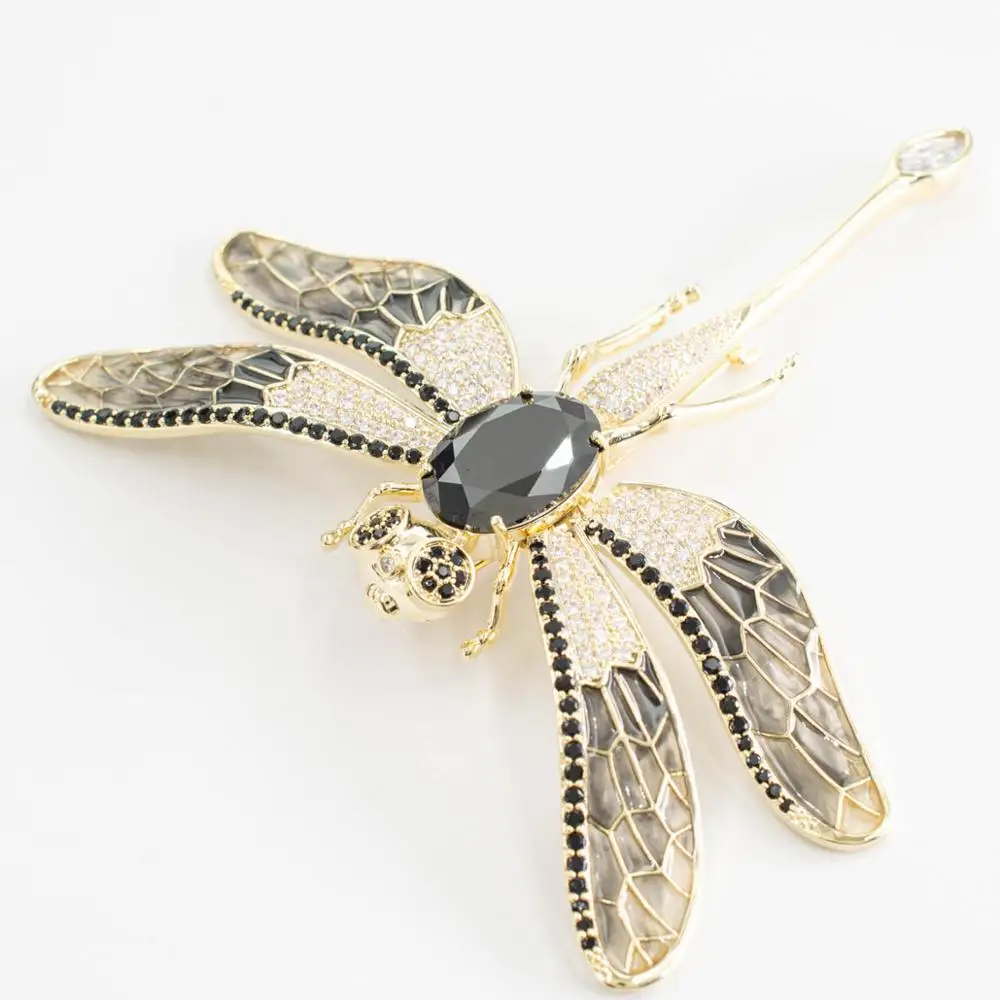 Cubic Zirconia Big Black Insect Dragonfly Brooch Broach Pin Women Jewelry Accessories XR05562