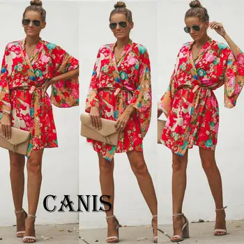 

Women's Vintage Boho Fashion Long Cardigan Floral Print Coat Kimono Tops