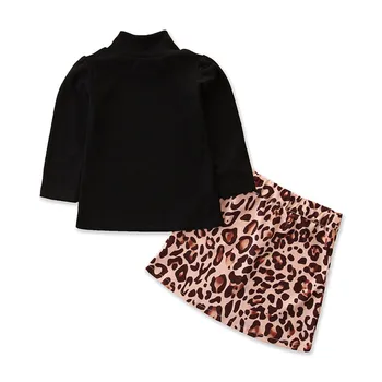 

Baby’s Summer Suits, Black Half-High Neck Long-Sleeves Top + Leopard Printed Short Skirt Outfit for Toddler Girl, 1-6 Years