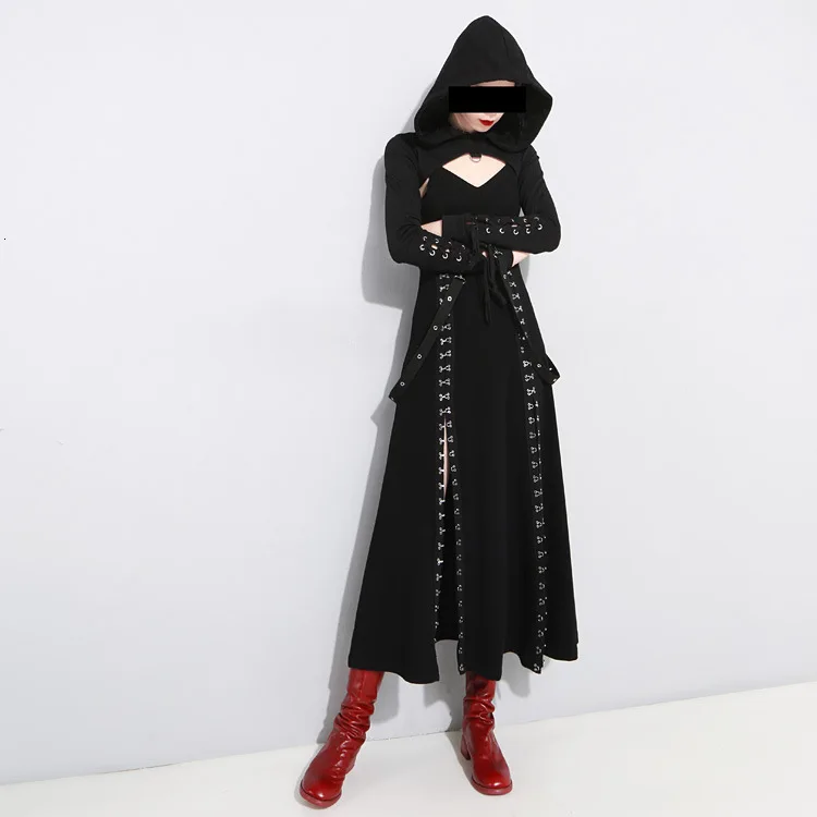 [EAM] женское черное асимметричное длинное платье на тонких бретельках, новинка, без рукавов, свободный крой, модный стиль, весна-осень, 1H114