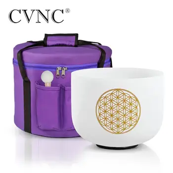 CVNC 8 Inch Flower of Life Design Frosted Quartz Crystal Singing Bowl CDEFGAB Any One Note with Free Traveling Carry Bag