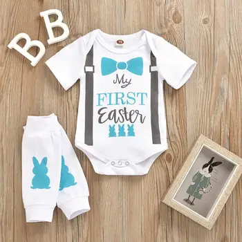 

Baby Boys Girl 0-24M Cotton Short sleeve My First Easter Print Romper + Socks 2PC Outfits