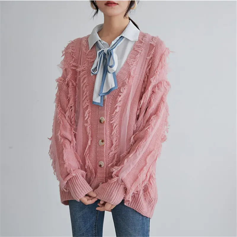 

HziriP 2019 Chic Fairy Loose V-Neck Tassel Casual Lazy Style Sweet Cardigans Fashion Cute All-Match Knitted Feminine Sweaters
