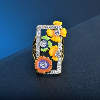 

European and American Retro Color Enamel Ring Creative Female Ring Gold-plated Color Separation Exaggerated Flower Ring Jewelry