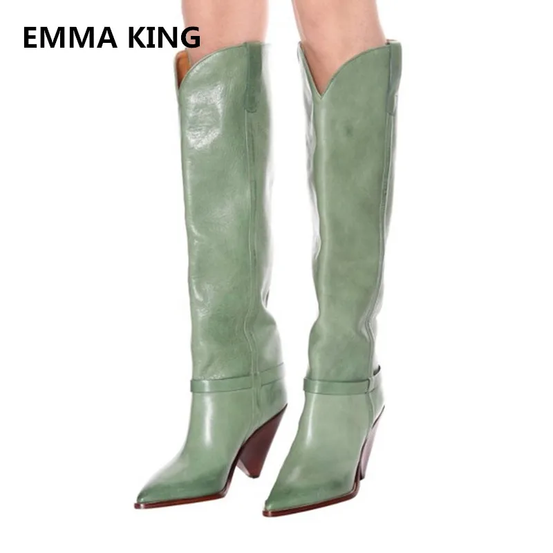 

Green Fashion Pointed Toe Spike Heels Knee High Boots Women Winter Hot Slae High Heels Leather Boots Slip-On Style Knight Boots