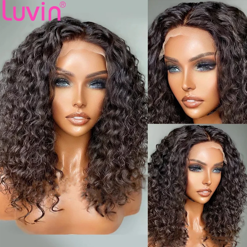 Luvin onda profunda Bob peluca 4x4 de cierre de encaje pelucas de cabello brasileño 150% Bob corto rizado pelucas de cabello humano peluca con malla frontal para las mujeres negras