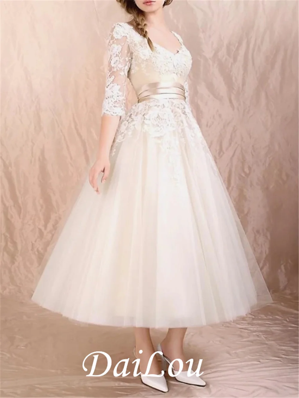 A-Line Elegant Vintage Engagement Prom Dress Scoop Neck Half Sleeve Ankle Length Lace Tulle Appliques