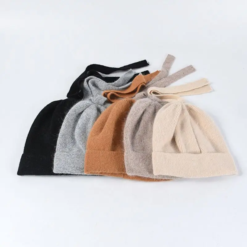 

Korean Women Girls Winter Thicken Plush Knitted Hat with Long Ribbon Bowknot Stretchy Solid Color Cuffed Beanie Cap Ear Warmer