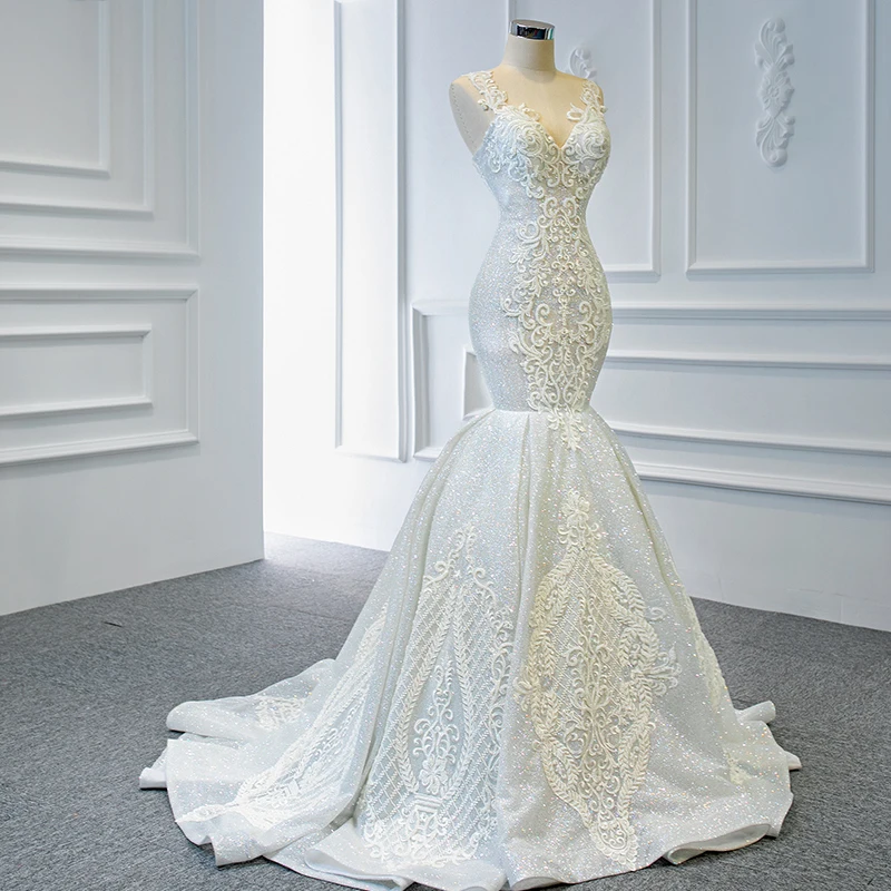 J67137 Simple V-Neck Applique Mermaid Wedding Dress 2020 Tank With Sleeveless Lace Up Back robe de mariee sirene 3