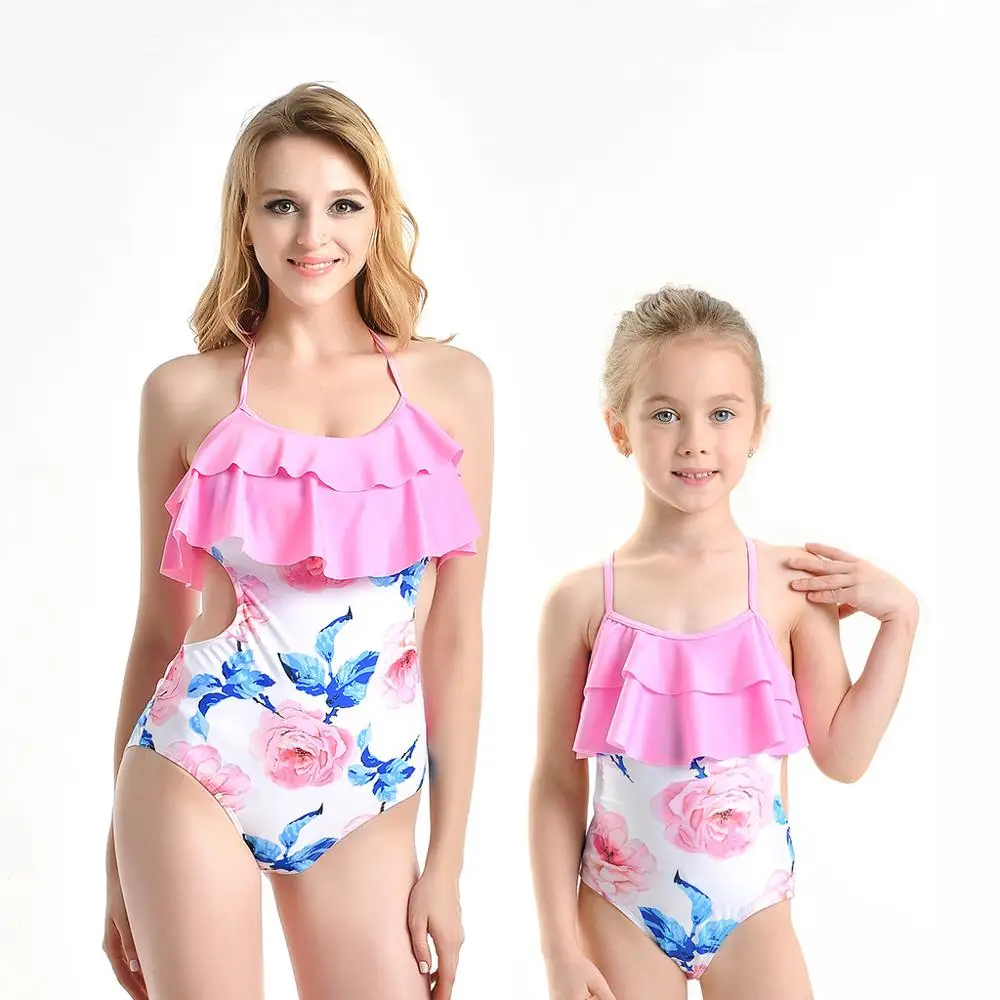 Mom and Daughter One-Piece Family Matching Swimwear Thin Shoulder Strip Ruffle Printed Swimsuit Set