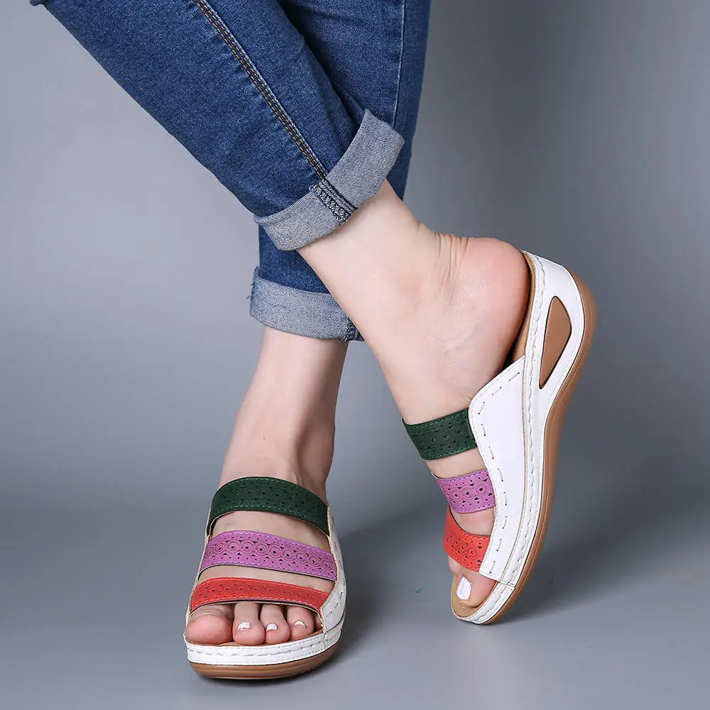 

New Summer Women Lady Fashion Three-color Stitching Color Casual Low Wedge Heel Peep Toe Sandals Slippers Shoes