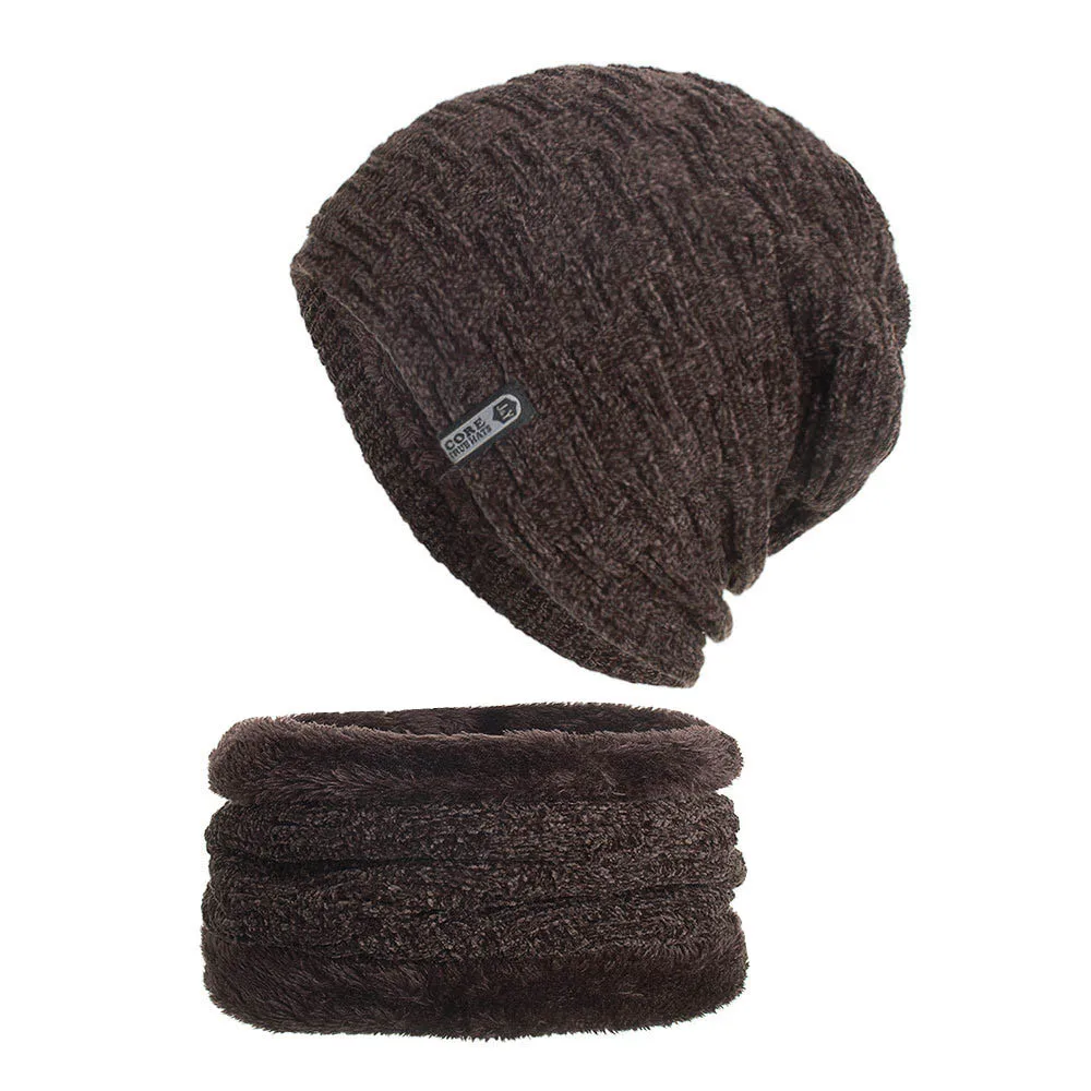 2PCs Men Cap Scarf Set Winter Solid Beanie Knit Cap Plus Velvet Thick Warm Scarf czapka i komin tricotin шапка снуд девочка#E