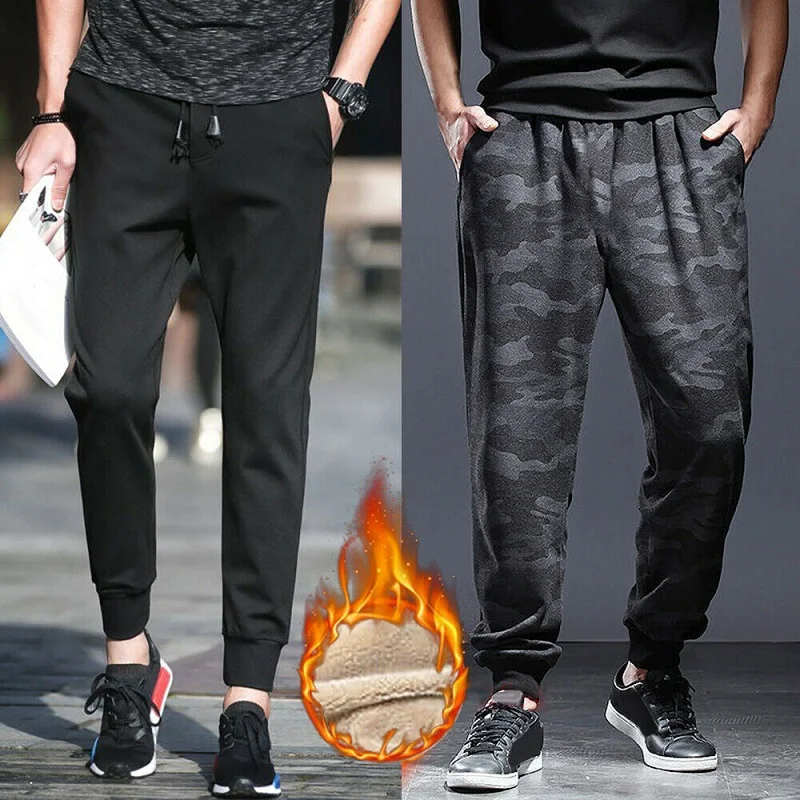 Sportswear Pants Trousers Joggers Solid-Trend Slim Velvet Plus Men Thicken Warm Male