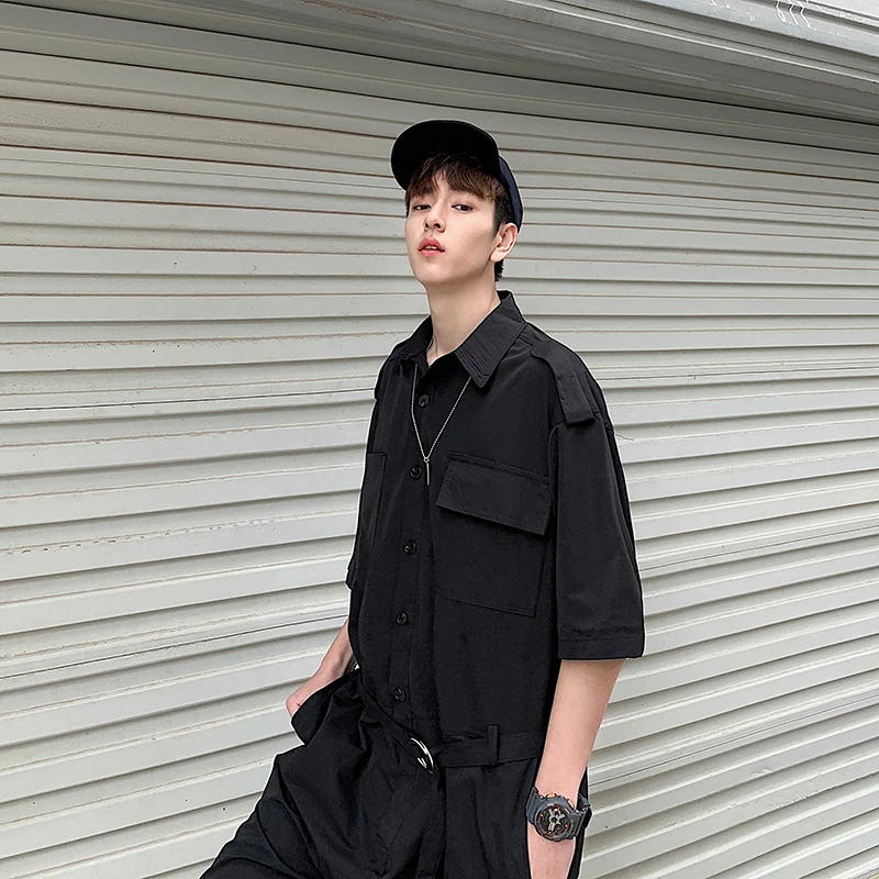 New Jumpsuit Men Summer Men's Half Sleeve Belt Pockets Jumpsuit Hip Hop Man Streetwear Pants Short Overalls Men