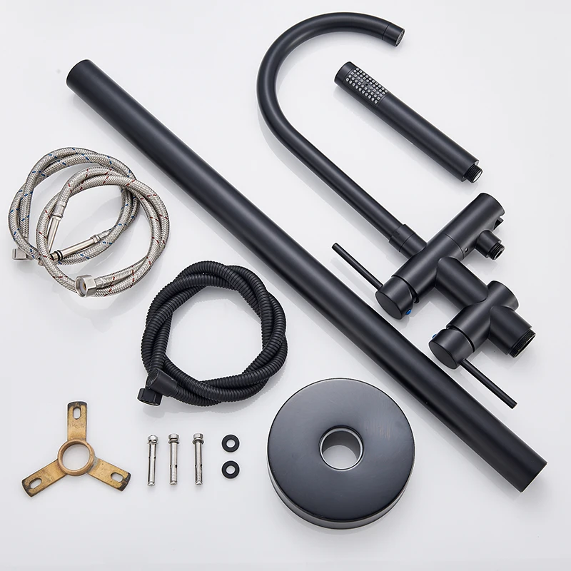 Bathtub Faucet Quyanre Black Bathtub Floor Stand Faucet Mixer Single Handle Mixer Tap 360 Rotation Spout ABS Handshower Bath Shower