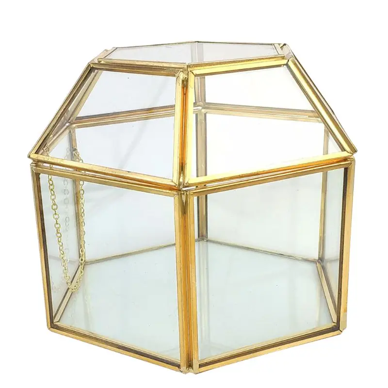 

Faceted Hexagonal Clear Glass & Brass-Tone Metal Hinged Top Lid Terrarium Box/Tabletop Display Jewerly Box