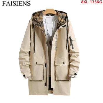 

Men Hooded Cargo Trench Fashion Letter High Streetwear Jackets Pockets Plus Size 6XL 7XL 8XL 130KG Outwear Khaki Zipper Trench