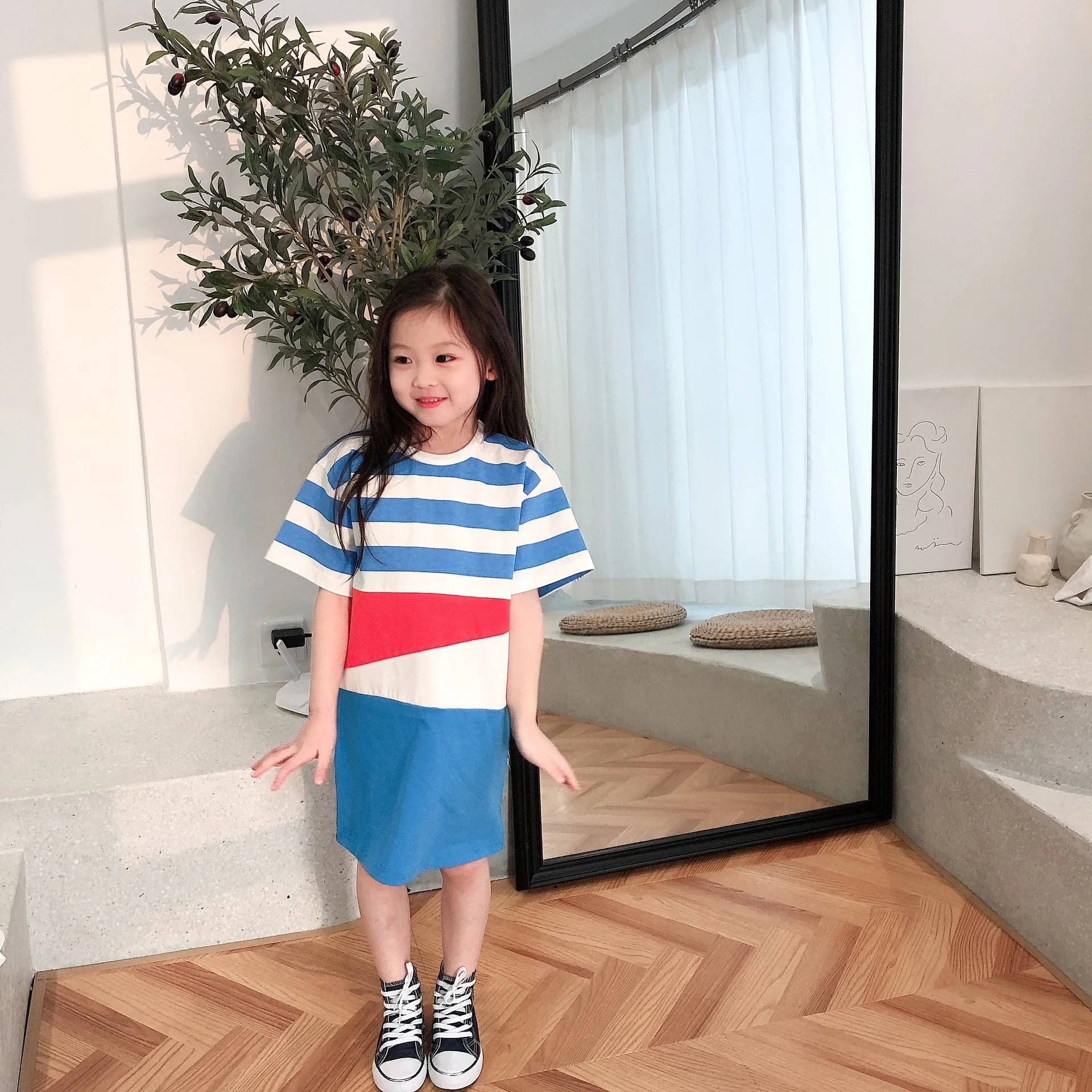 

Y263 Instock 2020 summer girl blue and white striped sweater dress new children's cotton hit color sports dress