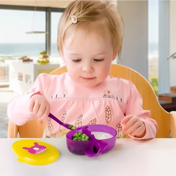 

Newborn Feeding Training Bowl Kids Feeding Outdoor Portable Tableware Cartoon Food Supplement Partition Bowl + spoon With Covers