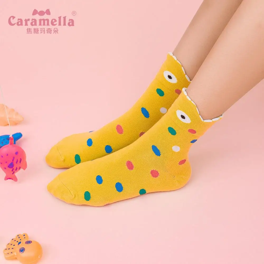 Caramella 2 пар/компл. хлопковые носки с изображением большого рта для сна с рисунком рыбы короткие носки детски в разноцветный горошек для японского милая, стильная носки Размер 35–40