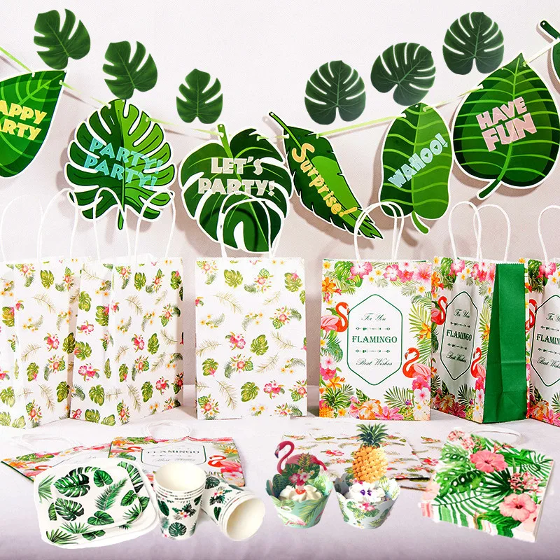 

Hawaiian Summer Birthday Party Disposable Tableware Flamingo Palm Leaves Paper Plate Cup Napkin Tropical Wedding Event Party