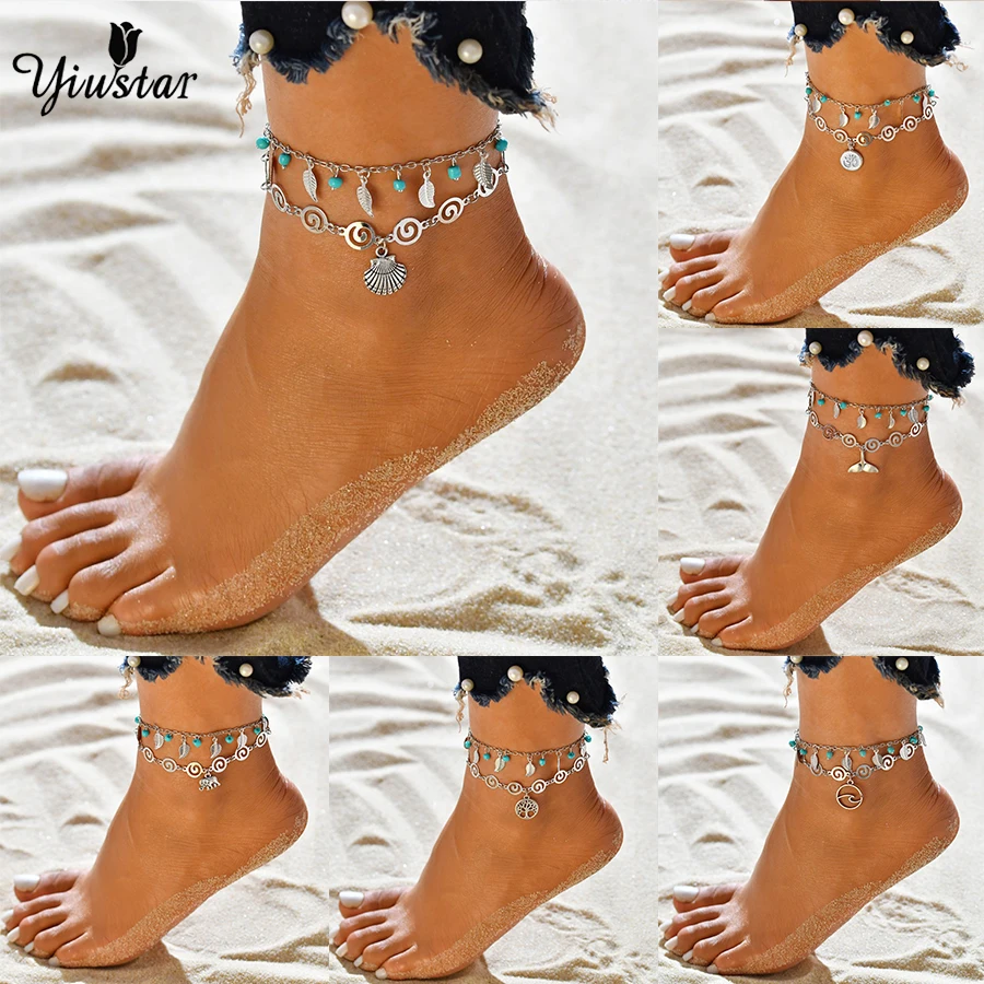 

yiustar Steel Color Anklets Wave Scallop Life Tree Anklets Foot Jewelry Summer Beach Barefoot Bracelet Ankle Elephant Jewelry