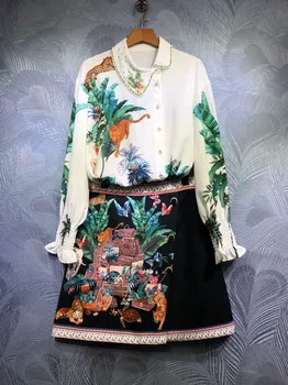 

Popular Stylish Beaded Unique Collar Chiffon Print Blouse and Skirt Women Fashion Clothing Set