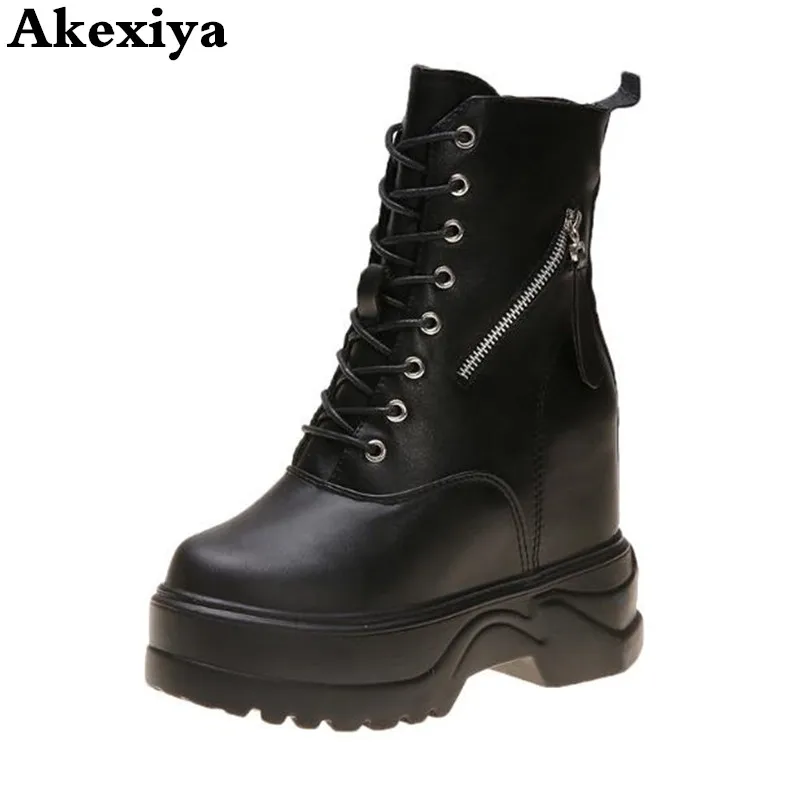 

Fashion Zipper Flat Shoes Woman High Heel Platform PU Leather Boots Lace up Women Shoes Ankle Boots Girls 35-40