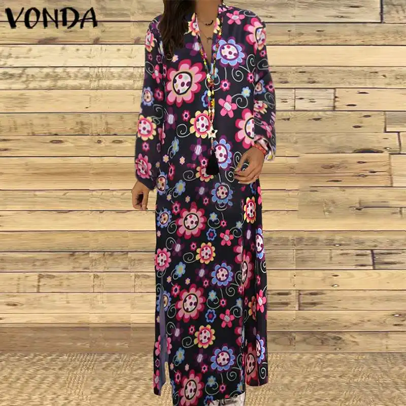 

Vintage Dress 2019 Summer Sundress Women Split Hem Floral Print Maxi Long Dress VONDA Sexy Party Loose Vestido Robe Femme S-5XL