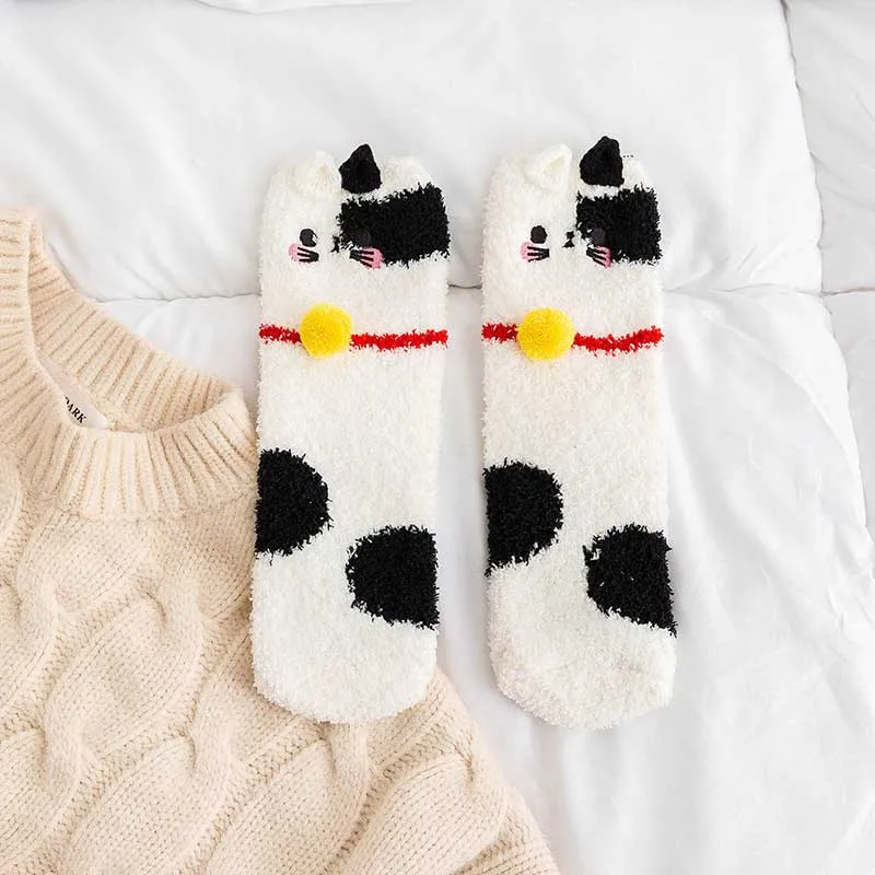 1 пара плюшевых носков из кораллового флиса женские носки без пятки осенне-зимние милые толстые теплые носки для сна с рисунками животных - Цвет: 10