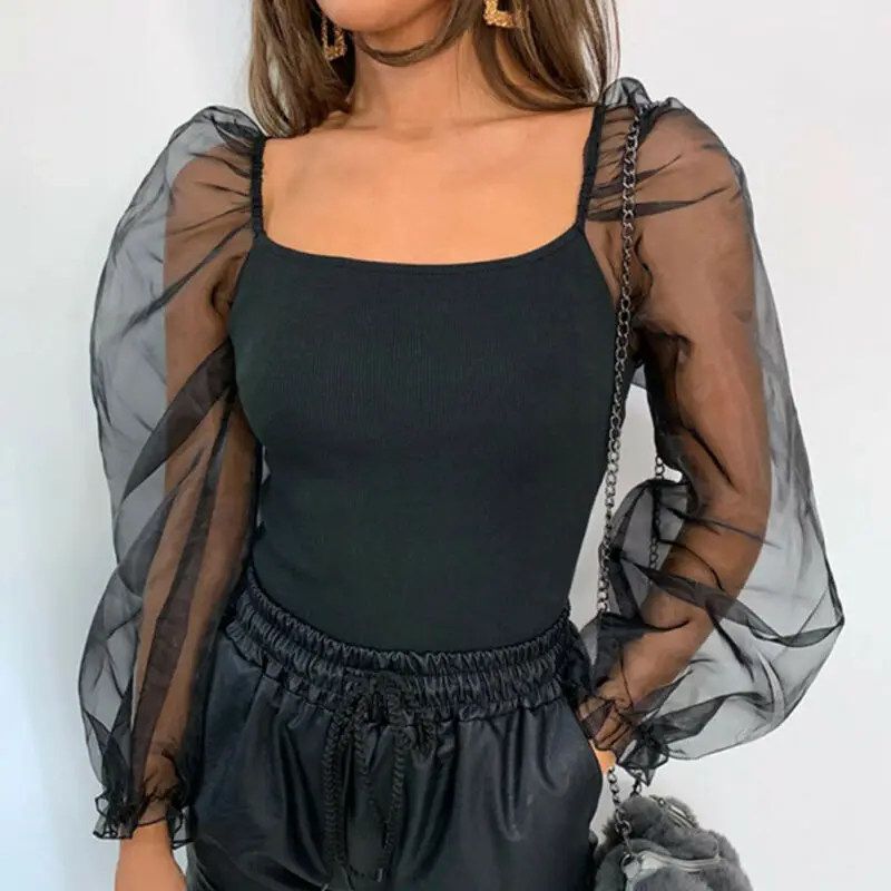 

Women Ladies Tulle Ruffle Long Puff Sleeve U Neck Shirt Casual Dance Blouse Tops