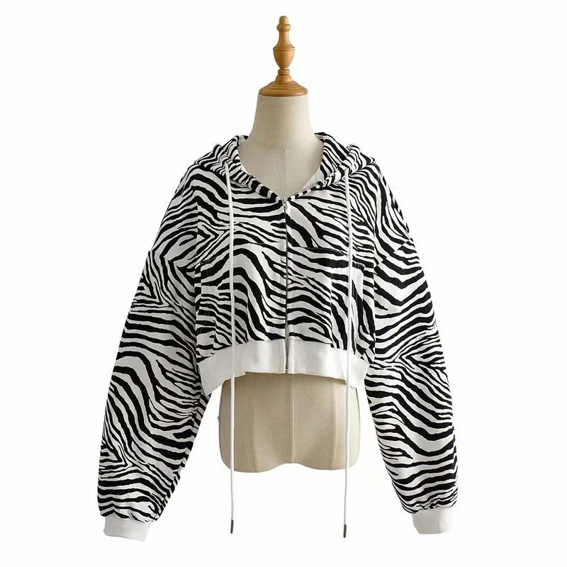 Zebra And Leopard Print Sweatshirt Women's Fall 2022 New Slim Cardigan Zipper Hooded Short Jacket Streetwear Oversize Hoodies