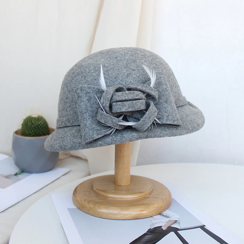 Grey FS модная шерстяная фетровая шляпа с вуалью Цветочная формальная Кепка элегантная женская церковная фетровая шляпа черная красная женская шляпа шляпы для похода в церковь - Цвет: Grey