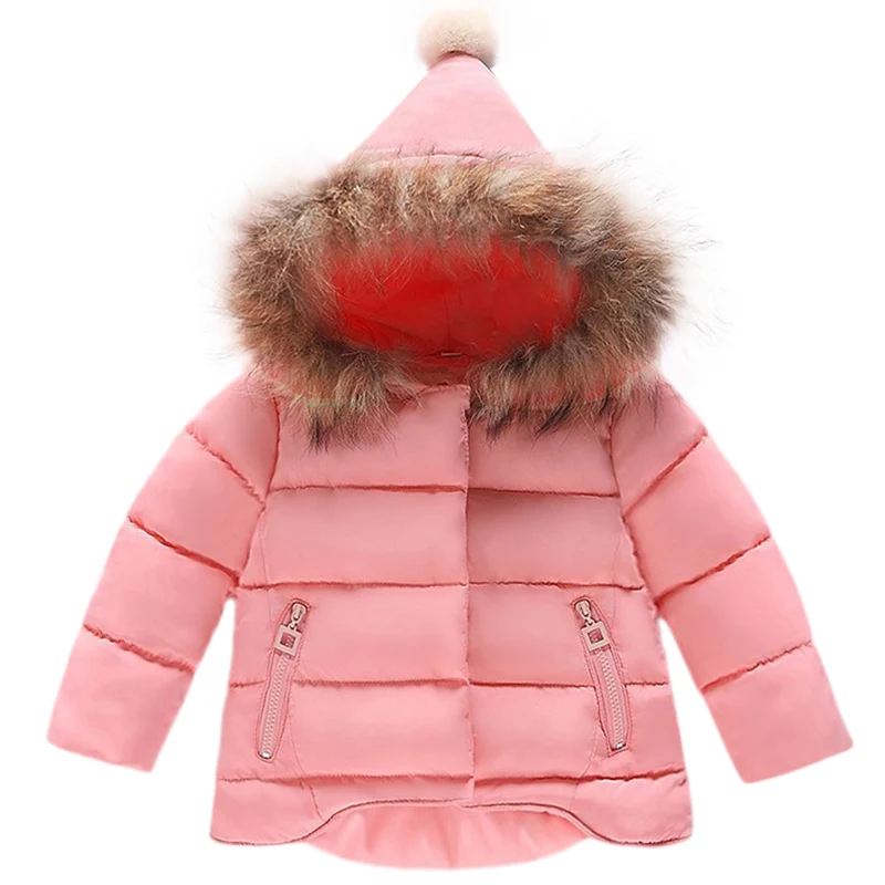 Брендовое зимнее пальто для девочек для малышей, для девочек парка одежда От 0 до 6 лет с длинными рукавами; на молнии; с отделкой из меха; наряд с капюшоном; Верхняя одежда; 6 цветов - Цвет: Розовый