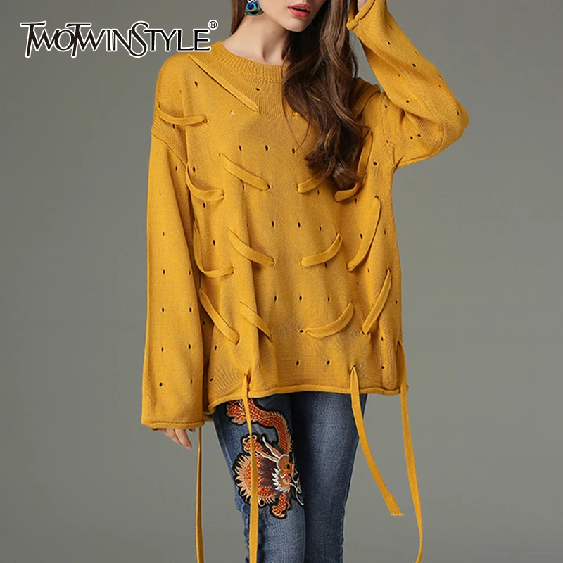 TWOTWINSTYLE корейский бандажный белый свитер для женщин с круглым вырезом длинными