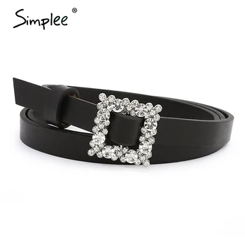

Simplee Square faux PU leather belt women Crystal chic geometric statement belts female jewelry Ladies dress pants accessories