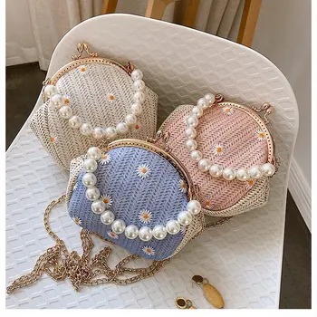 

Women Handbag Summer Beach Bag Rattan Woven Handmade Knitted Straw Totes Daisy Flower Lace Women Shoulder Bag Bohemia Bolso Paja