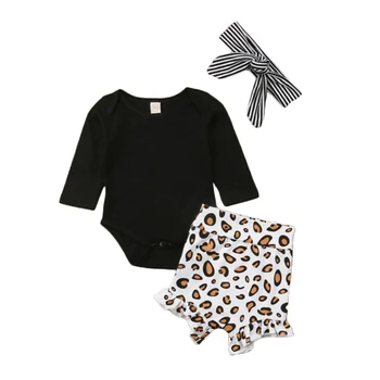 

2020 Baby Girls Clothes Set Autumn Newborn Baby Girl Clothing Rompers Headband Leopard Print Shorts Toddle Kids Outfits Set