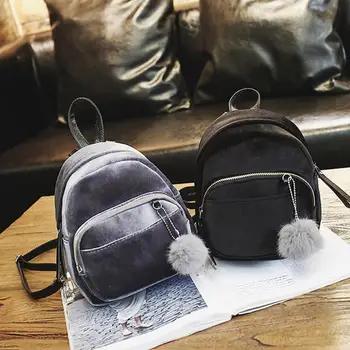 

2020 Women Faux Leather Simple Fur Ball Shoulder School Travel Bag Backpack Rucksack