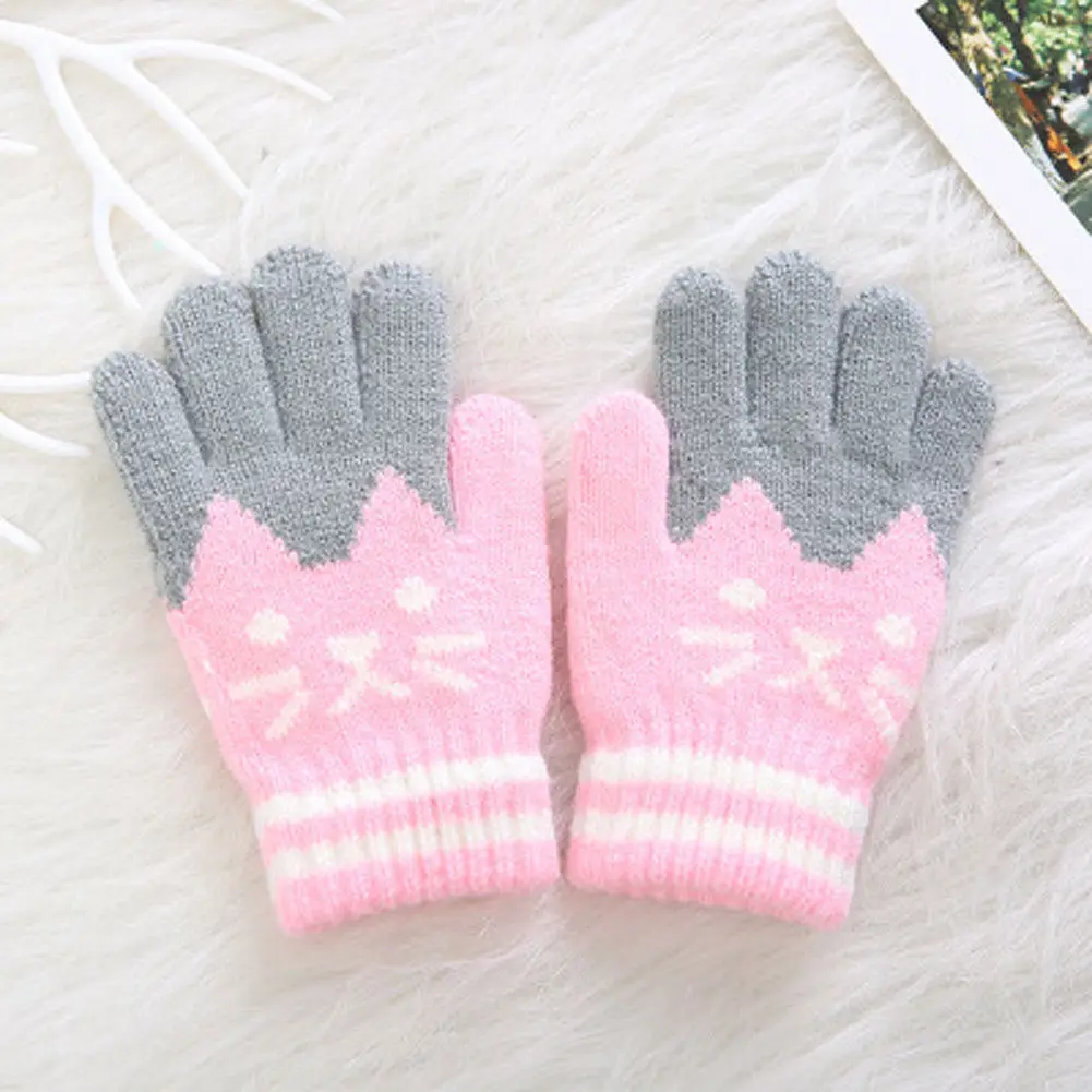 1 пара детских теплых зимних перчаток для мальчиков и девочек с рисунком милого кота - Цвет: Розовый