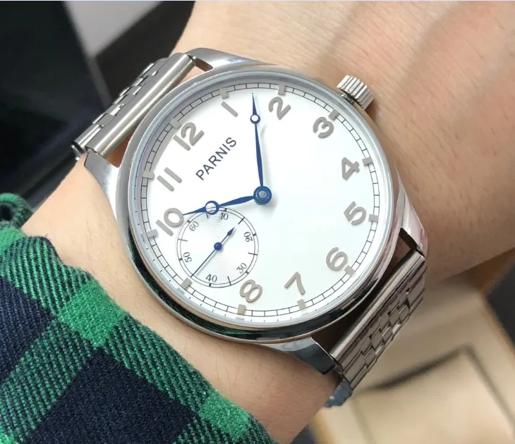 

44mm PARNIS white dial blue hands Stainless steel bracelet 17 jewels Mechanical Hand Wind movement Men's watches pa165-pp8