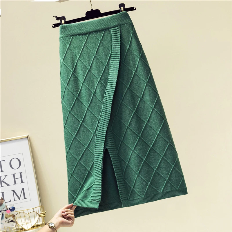 

Fashion 2019 Autumn Winter Split Knitted Midi Skirts Women Korean Warm A Line High Waist Knee Length Skirt Female Ladies